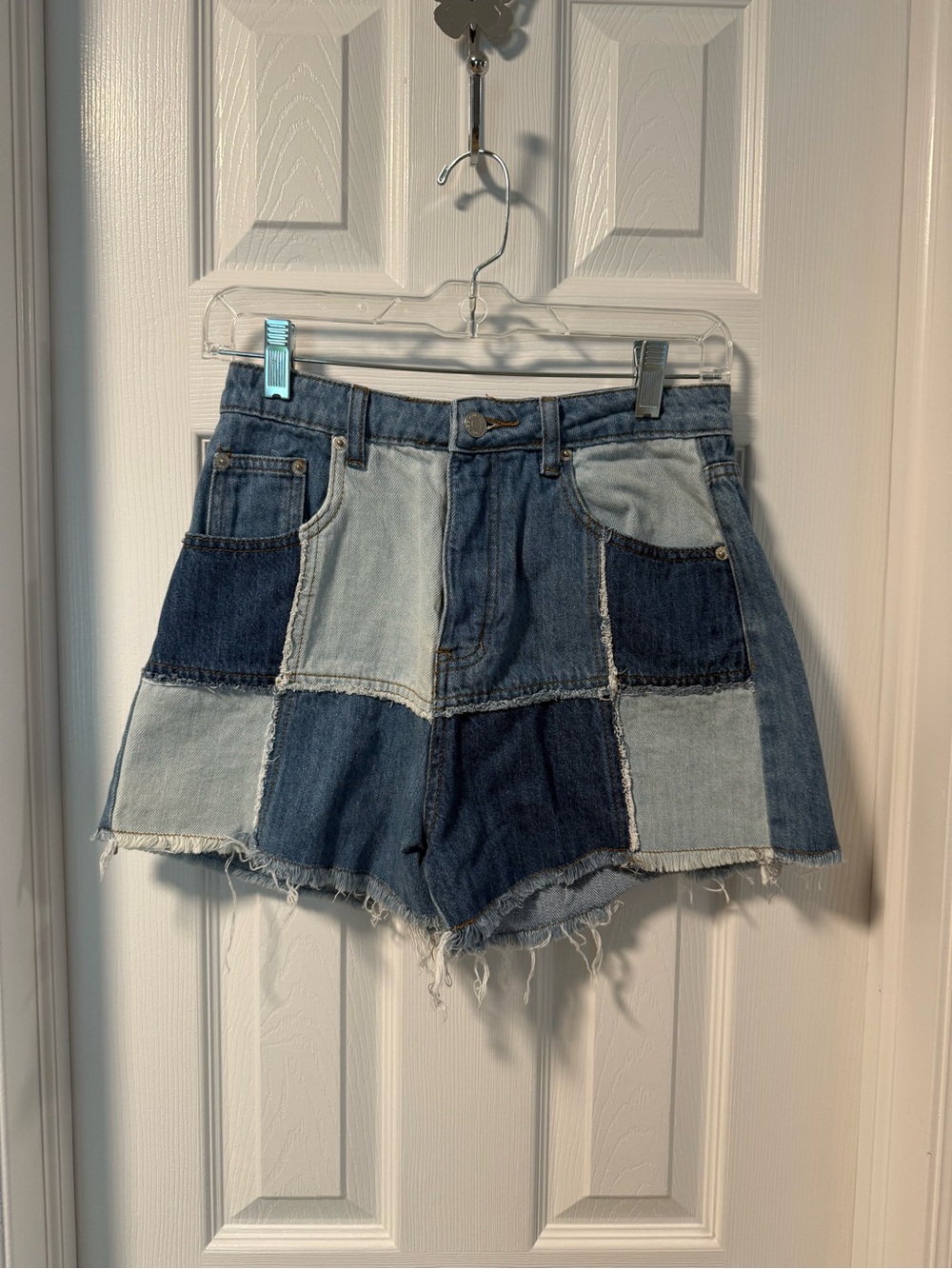 Patchwork Denim Shorts in Light & Dark Blue